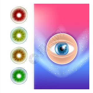 彩色联系人Lenses广告海报矢量红绿蜂蜜和翡翠多彩镜头光学设备正确视觉化妆工具模板3d说明彩色联系人Lenses广告海报矢量图片
