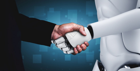 3D使人类机器握手通过AI思考大脑人工智能和机器学习过程为第四次工业革命协作开发技术使人类机器握手以合作未来技术图片