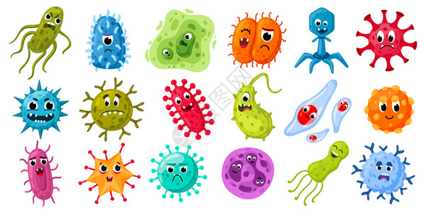 卡通微生物和带滑稽面孔细菌和疾吉祥物的刻度字符病原体微生物矢量插图微生物危险病原体微矢量插图背景图片
