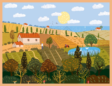 加快推进农业农村现代化秋季全景乡村地貌农田矢量插画插画