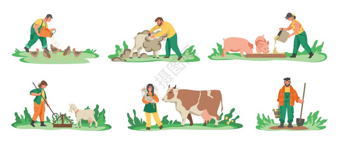 饲养动物的农户卡通矢量插画图片