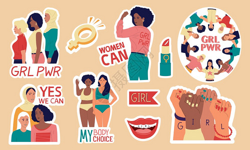 女权运动者和卡通女积极分子争取平等或机会的女社运动多彩徽章图片