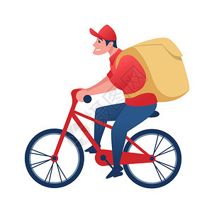 骑自行车的食品运送工人携带给客户的卡通男子携带背包骑单车的年轻男子带背包骑单车的年轻男子带帽的笑信使穿红色制服的孤立手病媒餐馆航图片