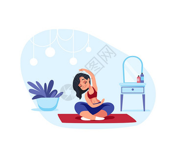 家庭瑜伽卡通妇女冥想和做呼吸练习坐在莲花的可爱角色在阿萨纳快乐的年轻女表现出培训的平静和集中病媒体育活动卡通妇女冥想和做呼吸锻炼图片
