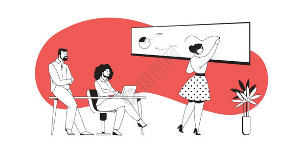 办公室讨论卡通女介绍商业项目和在白板上绘制图表青年男女集体交流伙伴会议病媒有效的团队合作或集思广益男女体交流病媒团队合作或集思广图片