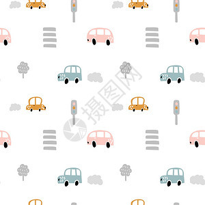 交通灯的壁纸彩色涂鸦汽车无缝矢量图图片
