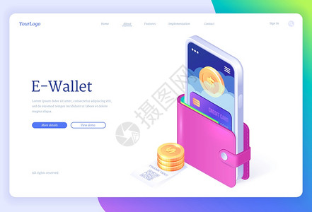 ewallet等离子键着陆页智能手机和带硬币Qr码账单的钱包信用卡无现金支付应用程序安全货币在线交易nfc技术3d矢量网络横幅E背景图片