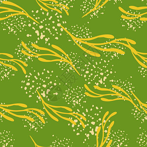 植物花卉无缝模式有随机黄色树枝打印绿色背景有喷洒设计用于织物纺品印刷包装覆盖矢量说明植物花卉无缝模式有喷洒图片