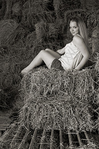 在干草中有吸引力的女孩农村生活方式图片