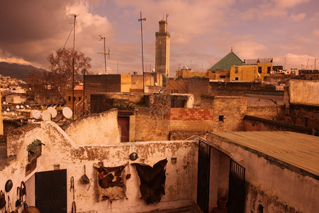 北非摩洛哥历史悠久的Fes镇古城皮革生产图片