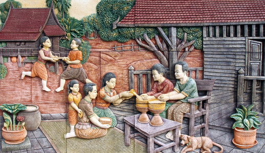 Songkran节的泰国文化在庙墙上雕刻石图片