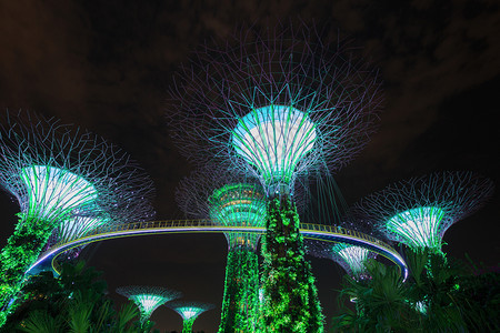 新加坡晚上在海湾旁的花园灯光照亮的夜晚图片