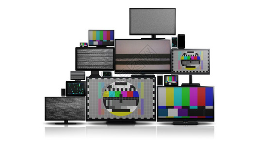 电视脑监器智能手机和平板电脑等许多不同种类的屏幕它们彼此放在一块白色背景的隔离堆中没有信号图片