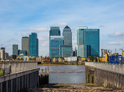 伦敦金丝雀码头从格林威治看英国伦敦金丝雀码头商业中心的高动态范围HDR图片