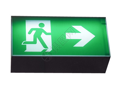 紧急出口标志在白色上方被隔离绿色的紧急出口消防逃生通道标志在白色背景上被隔离图片