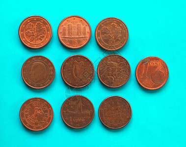 1分硬币欧洲联盟1分硬币欧洲联盟货许多不同绿色蓝背景图片