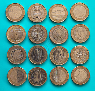 1欧元硬币洲联盟1元硬币洲联盟货许多不同图片