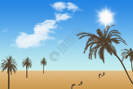 热带海滩有棕榈树阳光和蓝天空图片
