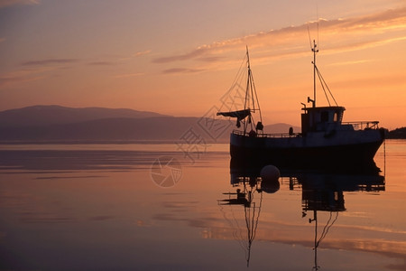 日落出在北线的海渔船图片