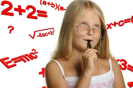 女孩和数学公式它被孤立在白色背景上图片