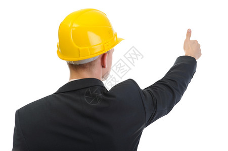 戴头盔的商人用指尖孤立在白色背景上图片