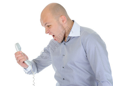 神经紧张的商人在电话上尖叫孤立在白色背景上图片