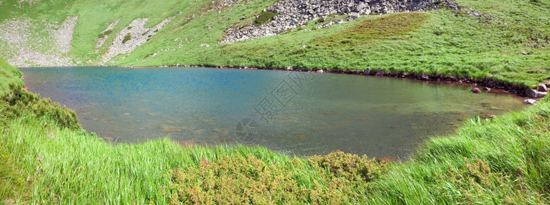 夏季山沟乌克兰科霍诺格拉海脊喀尔巴阡山的阿卑斯湖Brebeneckul图片