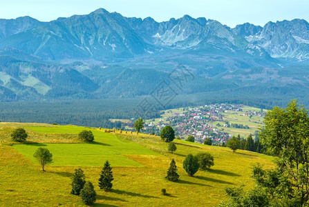 山树后面的夏季山村郊区和Tatra山脉波兰谷的GliczarowDolny背景