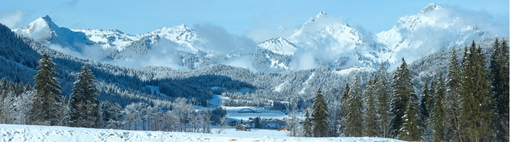 冬季山区风林全景Heiterwang郊区奥地利蒂罗尔图片