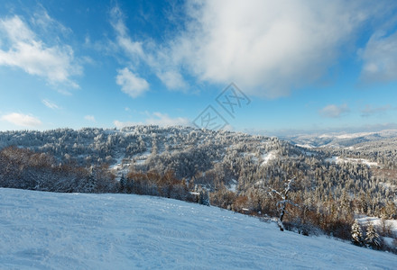 在山坡上滑雪在冬季山坡上用滑雪跑晒太阳的第一个阴影SkoleBeskidsLvivOblast喀尔巴阡山脉乌克兰背景