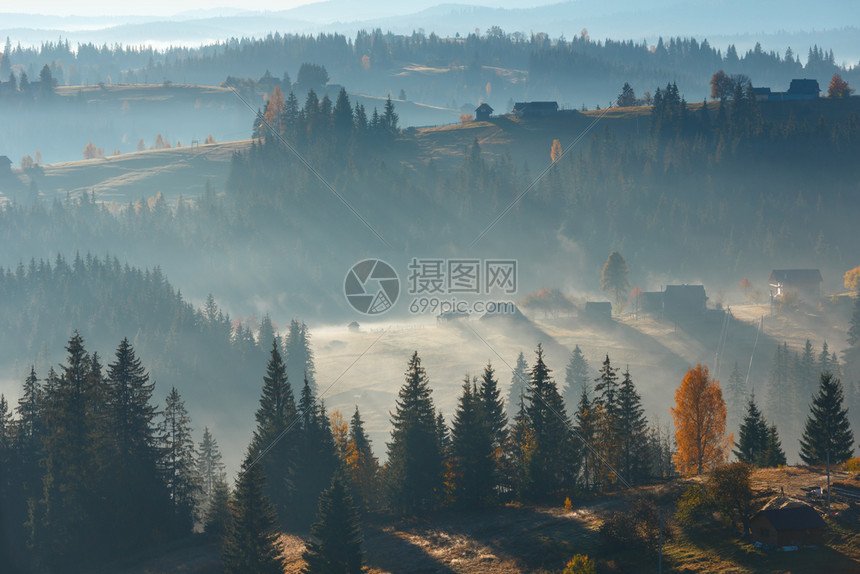 山坡上雾的一线阳光早上秋天喀尔巴阡山村风景乌克兰伊瓦诺弗基夫斯克州图片