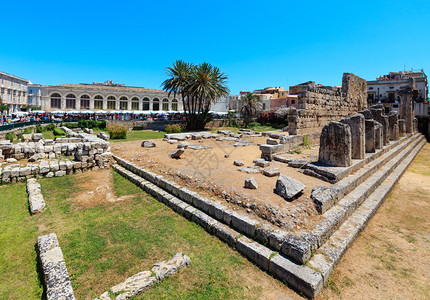 阿波罗神庙的废墟意大利西里州锡拉丘兹市奥特吉亚岛的古希腊迹西里美丽的旅行照片人们无法辨认图片