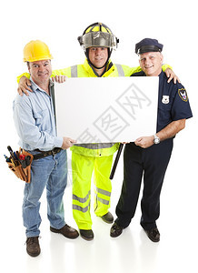 蓝领工人消防员警察和建筑工人都持有空白的牌子备好文本全身隔离图片