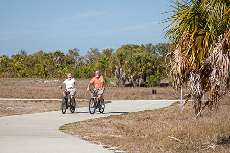 活跃的老年夫妇在阳光明媚的一天骑自行车图片