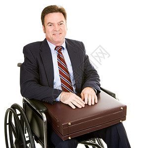 健壮的残疾商人在大腿上拿着公文包孤立在白色上图片
