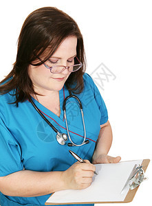 擦笔记的护士页面留空给你的文字孤立在白色上图片
