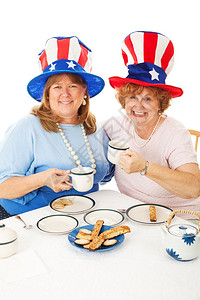 美国保守的爱选民坐在一个真正的茶会上白种背景图片