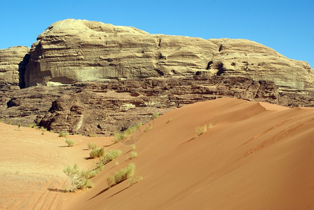 约旦WadiRum沙漠的岩石和巴干图片