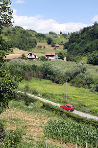 克罗地亚农村道路上的红色汽车图片
