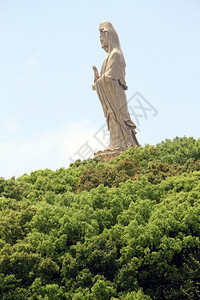 观音普特奥山岛的林绿树和关燕雕像背景