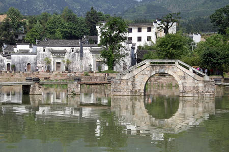 谢克西安镇湖边的桥梁和建筑图片