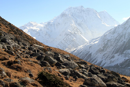 尼泊尔Larke通行证附近山和Manaslu山和Manaslu的斜坡背景图片