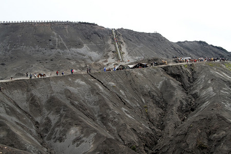 人们和马匹步行到印度尼西亚Bromo火山的上图片