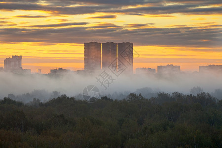 秋天城市的黄日出和清晨雾图片