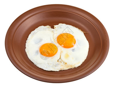 空白背景陶瓷盘上的两个炸鸡蛋图片