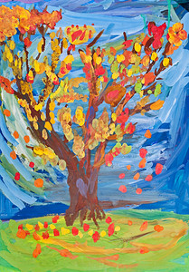 儿童画秋天树根叶落背景图片
