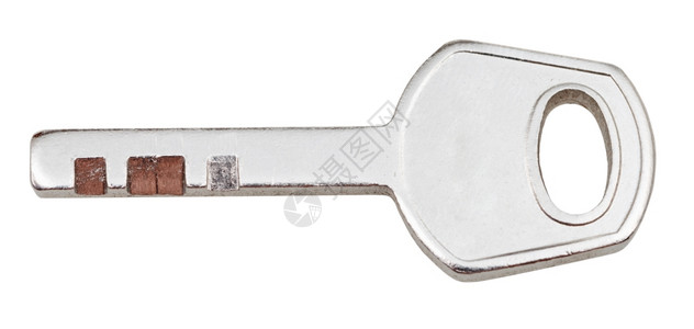 一把钥匙白色背景上隔离的圆盘鼓锁小钢门密钥背景
