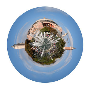 位于土耳其伊斯坦布尔的Sultanahmet广场城市球形观与喷泉和HaghiaSophia教堂图片