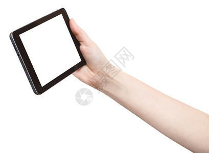 手握触摸板与白色背景隔离的剪切屏幕相触摸图片