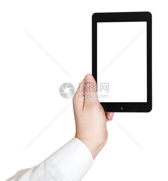商人的手握着触摸板用白色背景隔离的剪切屏图片